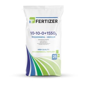 FERTIZER 10-10-0+15SO₃ granular fertilizer promoting early plant growth with sulfur, humic and fulvic acids.