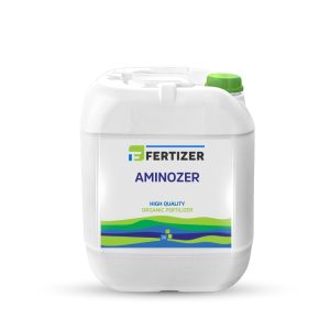AMINOZER organic fertilizer improving soil health and plant vitality with amino acids and potassium, suitable for soil and foliar application.