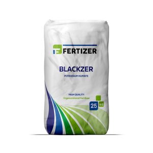 BLACKZER Potassium Humate bottle used in agriculture to improve soil health, root growth, and nutrient uptake through humic and fulvic acids