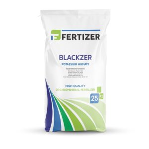 BLACKZER Potassium Humate bottle used in agriculture to improve soil health, root growth, and nutrient uptake through humic and fulvic acids