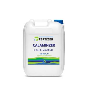 CALAMINZER organomineral liquid fertilizer enhancing plant tissue growth and calcium uptake with amino acid, calcium, and potassium content.