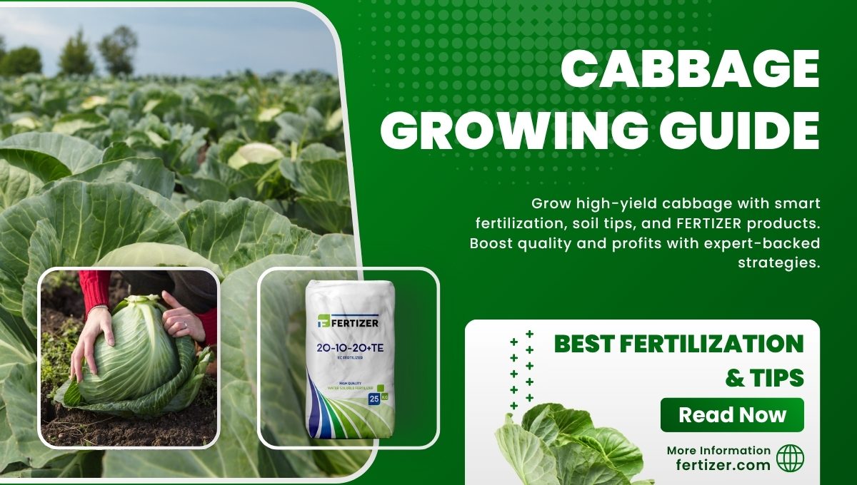 A lush cabbage field growing under optimal soil and climate conditions, supported by a phased fertilization strategy using FERTIZER products.