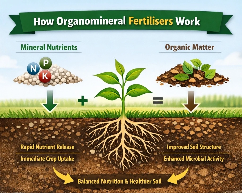Organomineral fertiliser mechanism mineral nutrients organic matter soil interaction