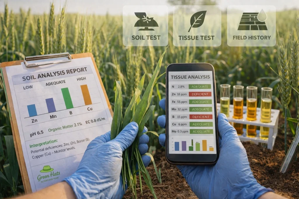 Soil and tissue analysis showing micronutrient levels in wheat field