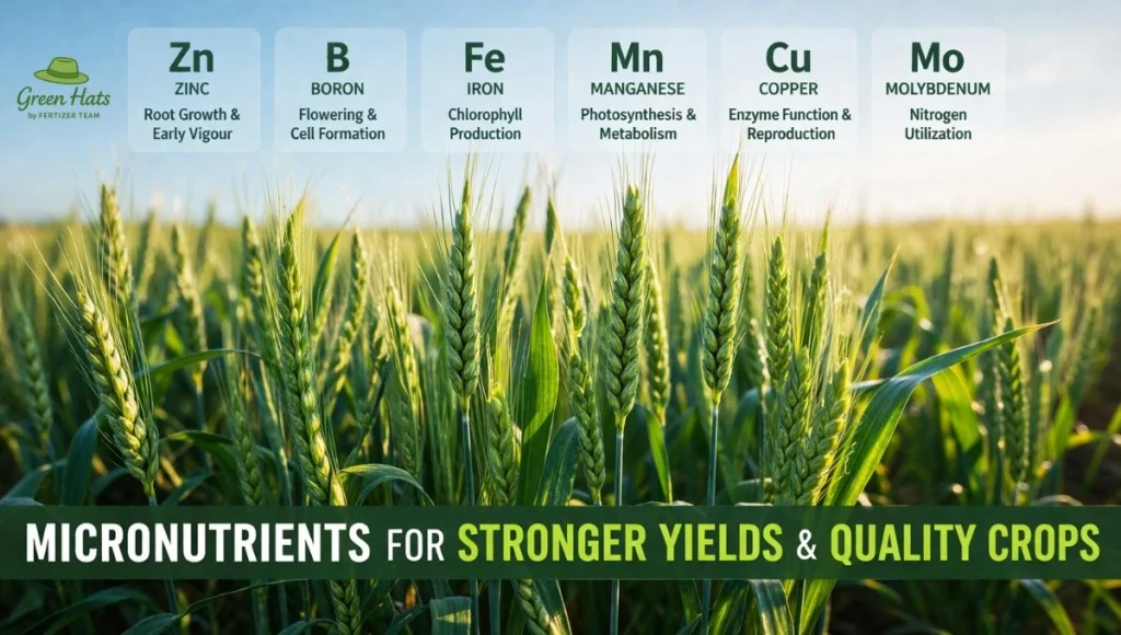 Healthy wheat field showing micronutrient impact on crop growth and yield