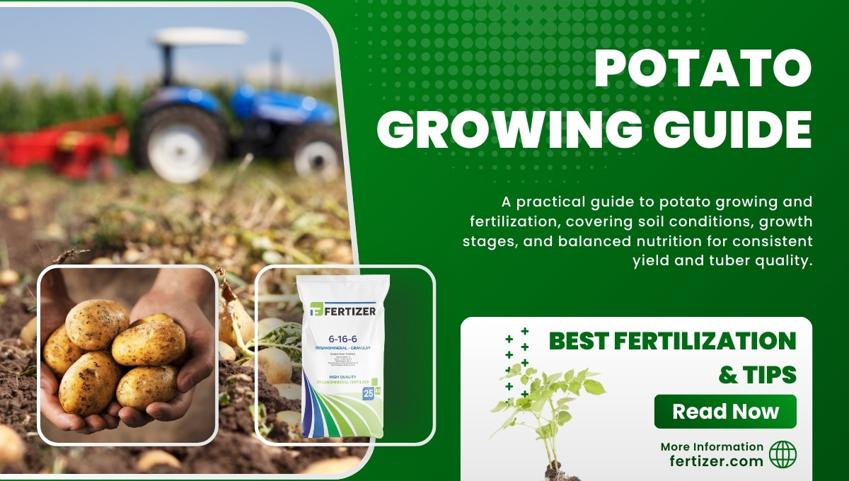 Potato plants growing in the field with a focus on balanced fertilization and tuber development