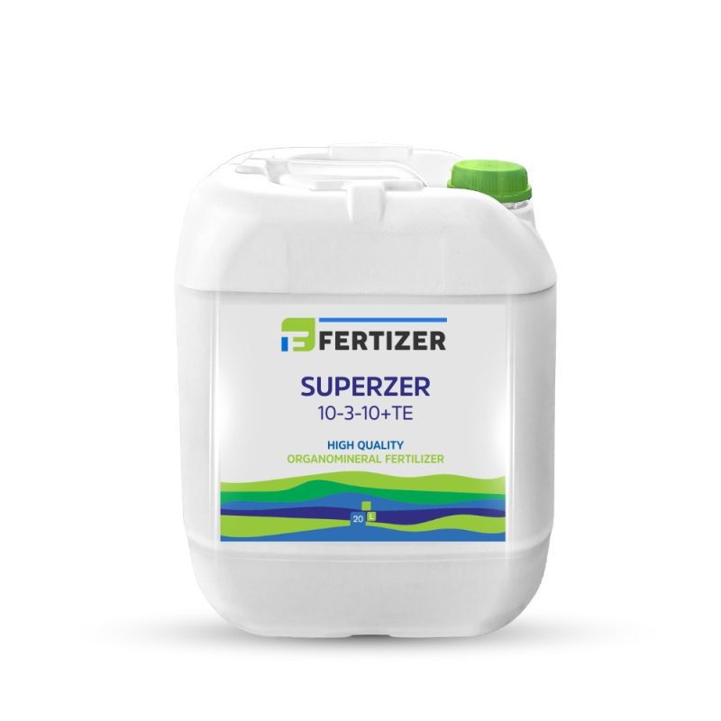 SUPERZER 10-3-10+TE Organomineral Liquid Fertilizer supporting all-season plant nutrition and soil health with NPK, magnesium, zinc, manganese, and organic matter.