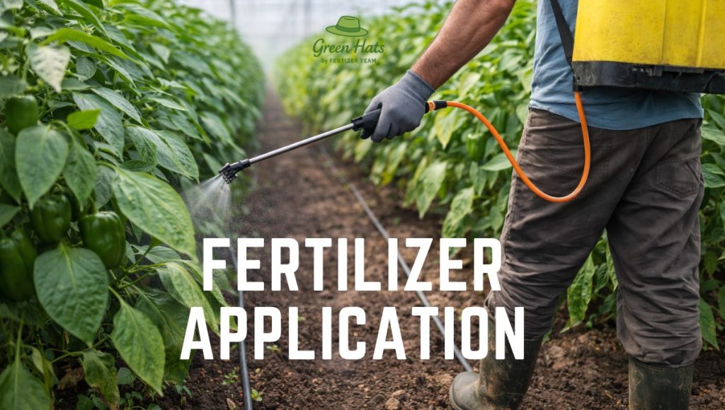 Farmer applying NPK fertilizer to fix yellow leaves plants in greenhouse