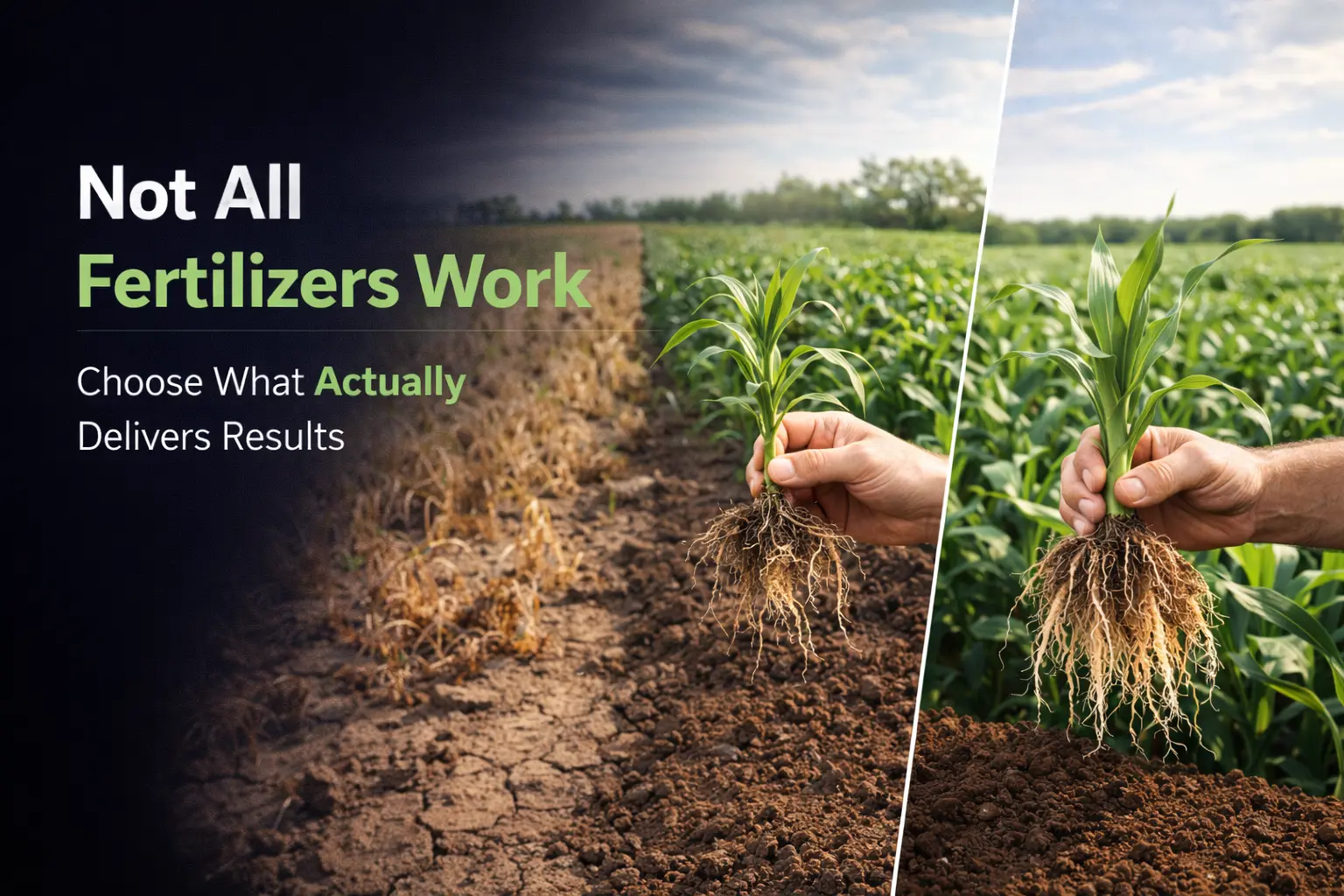 Comparison of poor dry field and healthy green crops showing how choosing the right fertilizer improves plant growth, yield and overall performance