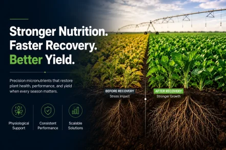 Before and after crop recovery comparison showing stressed and healthy plants with strong root development, irrigation system, and micronutrient-supported growth in commercial agriculture.