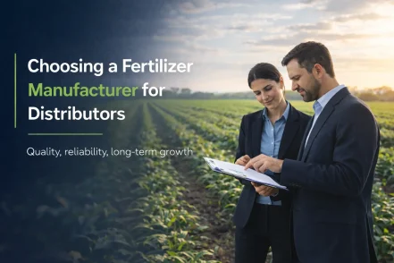 Two agricultural professionals evaluating crop quality in a field while reviewing documents to select a reliable fertilizer manufacturer for distributors