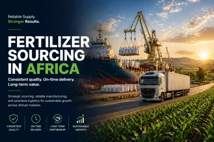 Fertilizer sourcing and logistics in Africa with cargo ship loading bulk fertilizer, truck delivery, and crop fields illustrating supply chain efficiency, consistent quality, and agricultural performance