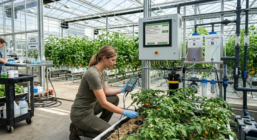 Technician measuring EC and pH in greenhouse fertigation system for tomato crops to optimize nutrient balance and plant growth