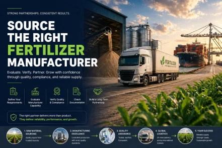 How to source a reliable fertilizer manufacturer showing supply chain logistics, bulk loading, truck transport, and global shipping operations