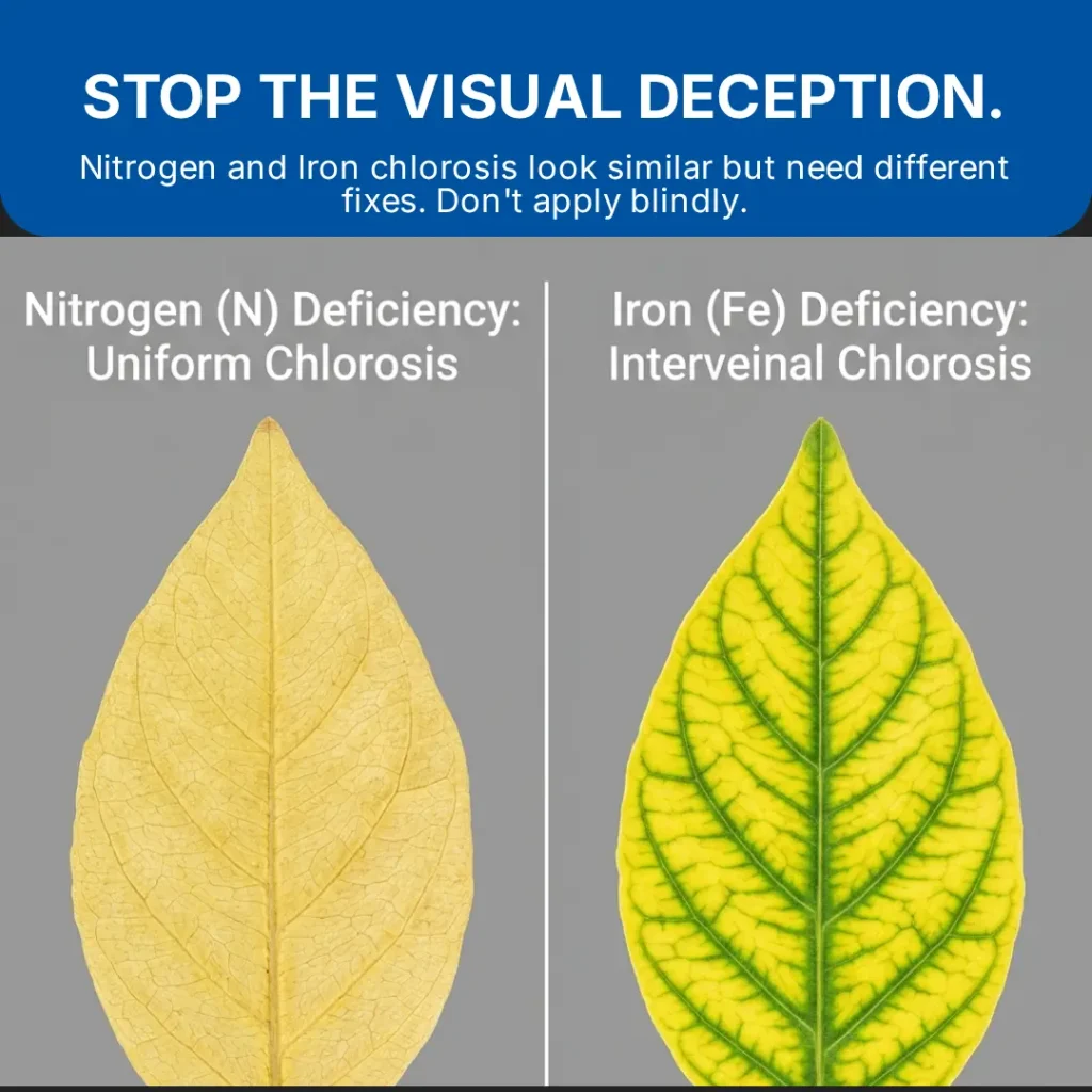 Difference between nitrogen deficiency and iron chlorosis in plants