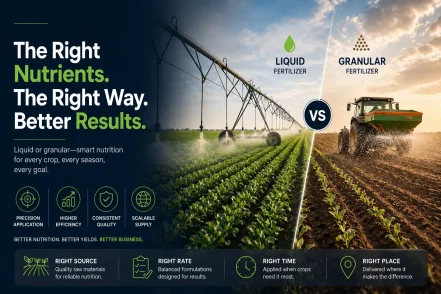 Liquid vs granular fertilizer application comparison showing pivot irrigation system and tractor spreading fertilizer in agricultural field