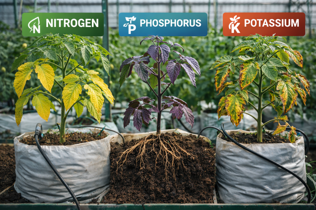 Comparison of nitrogen, phosphorus, and potassium deficiencies in greenhouse tomato plants showing leaf yellowing, purple discoloration, and edge burn