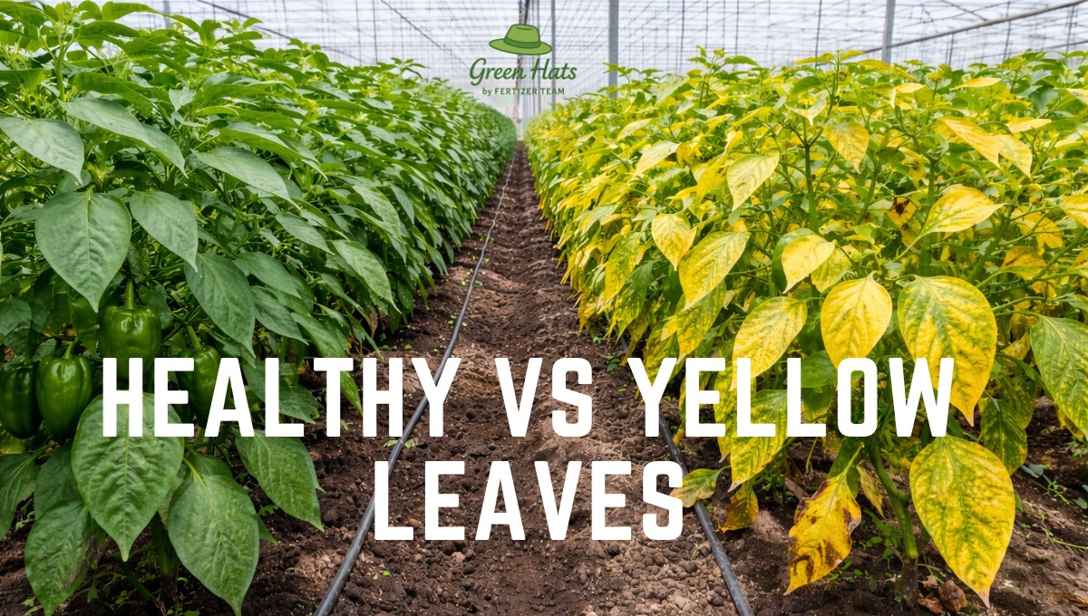 Healthy vs yellow leaves plants comparison in greenhouse