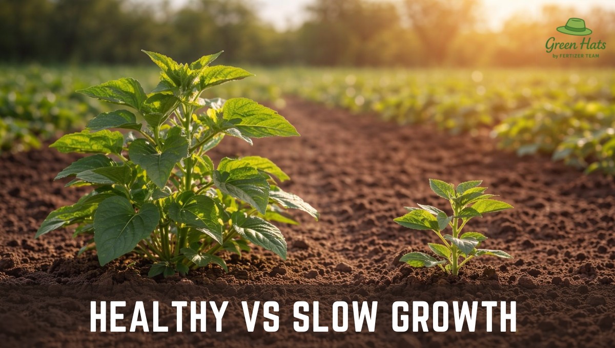 Slow plant growth comparison between healthy and weak plants in field