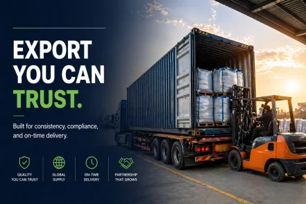 Forklift loading palletized fertilizer into a shipping container for international export logistics and global supply chain operations