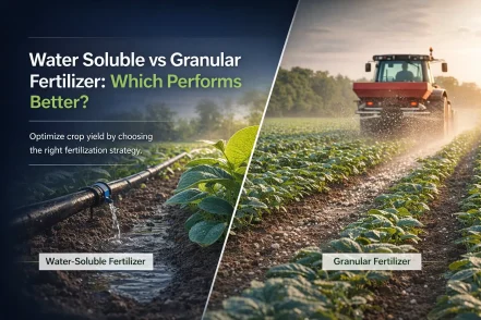 Water soluble vs granular fertilizer comparison showing drip fertigation system and field application of granular fertilizer in crops