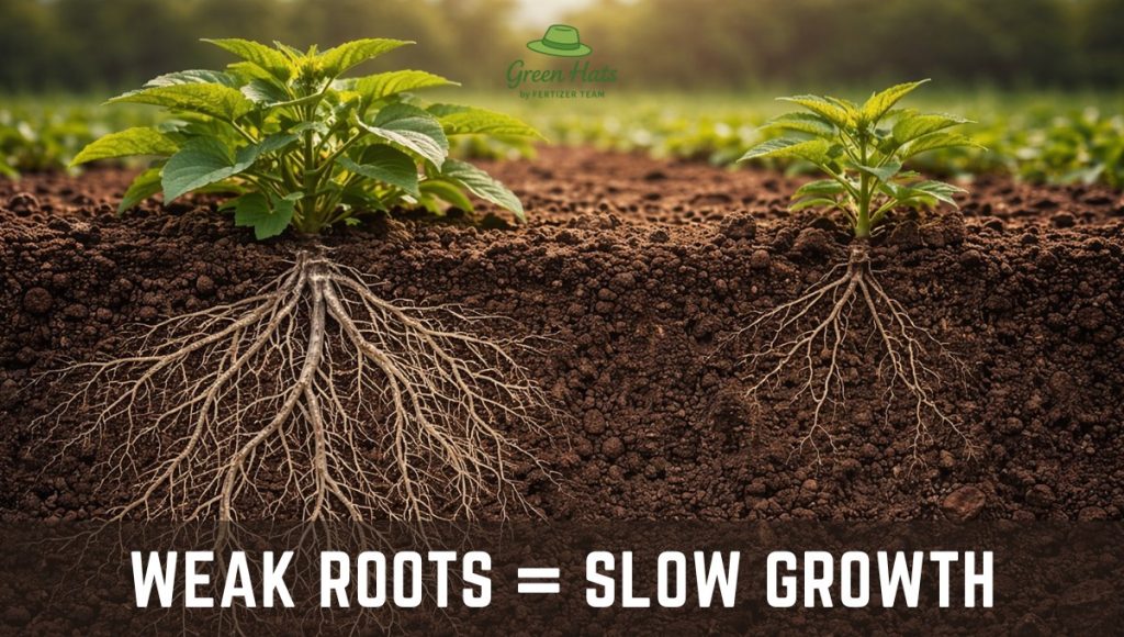 Plant root development showing weak roots causing slow plant growth